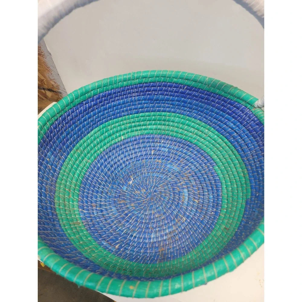 Hand Woven Round Basket with Lid and Handle Blue Green Decorative Storage Accent